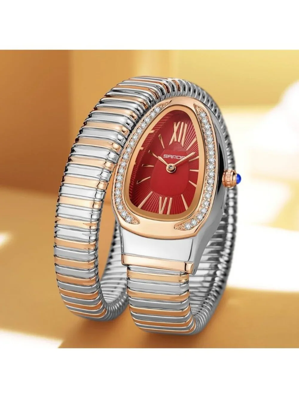 Women's Rose Red Silver Elegant Wrap Around Bangle Fashion Snake Cuff Wristwatch